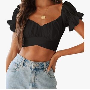 Women's Ruffle Short Sleeve Tie Up Back Crop Top